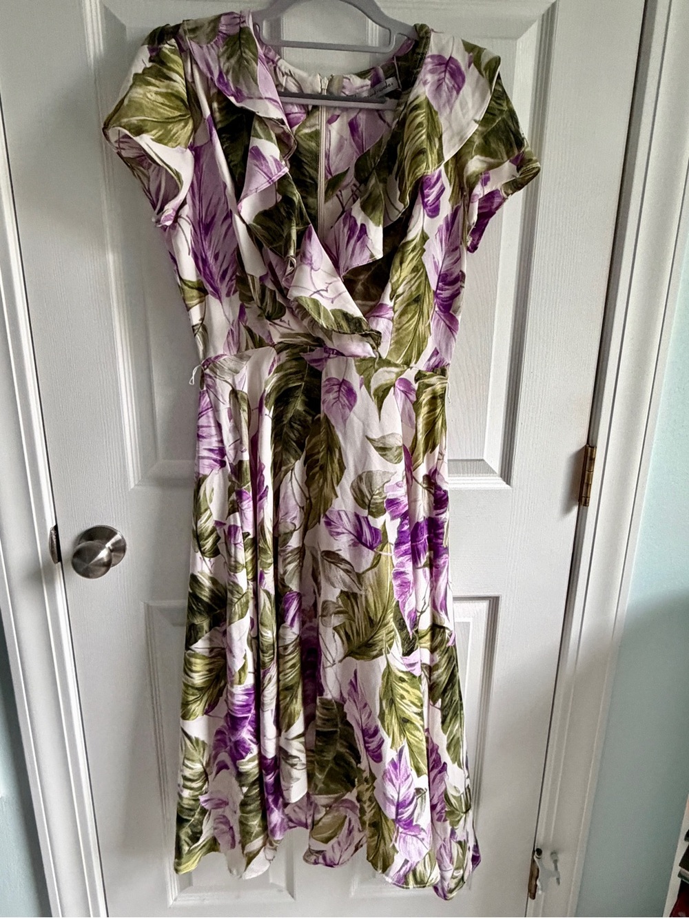 Danny & Nicole White Midi Dress with Purple & Green Leaf Print